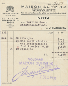 712033 Nota van Maison Schmitz, eigenaar J. Harkema, [Cuisinier, Patissier, Glacier, Lunch en Tearoom, Dejeuners, ...